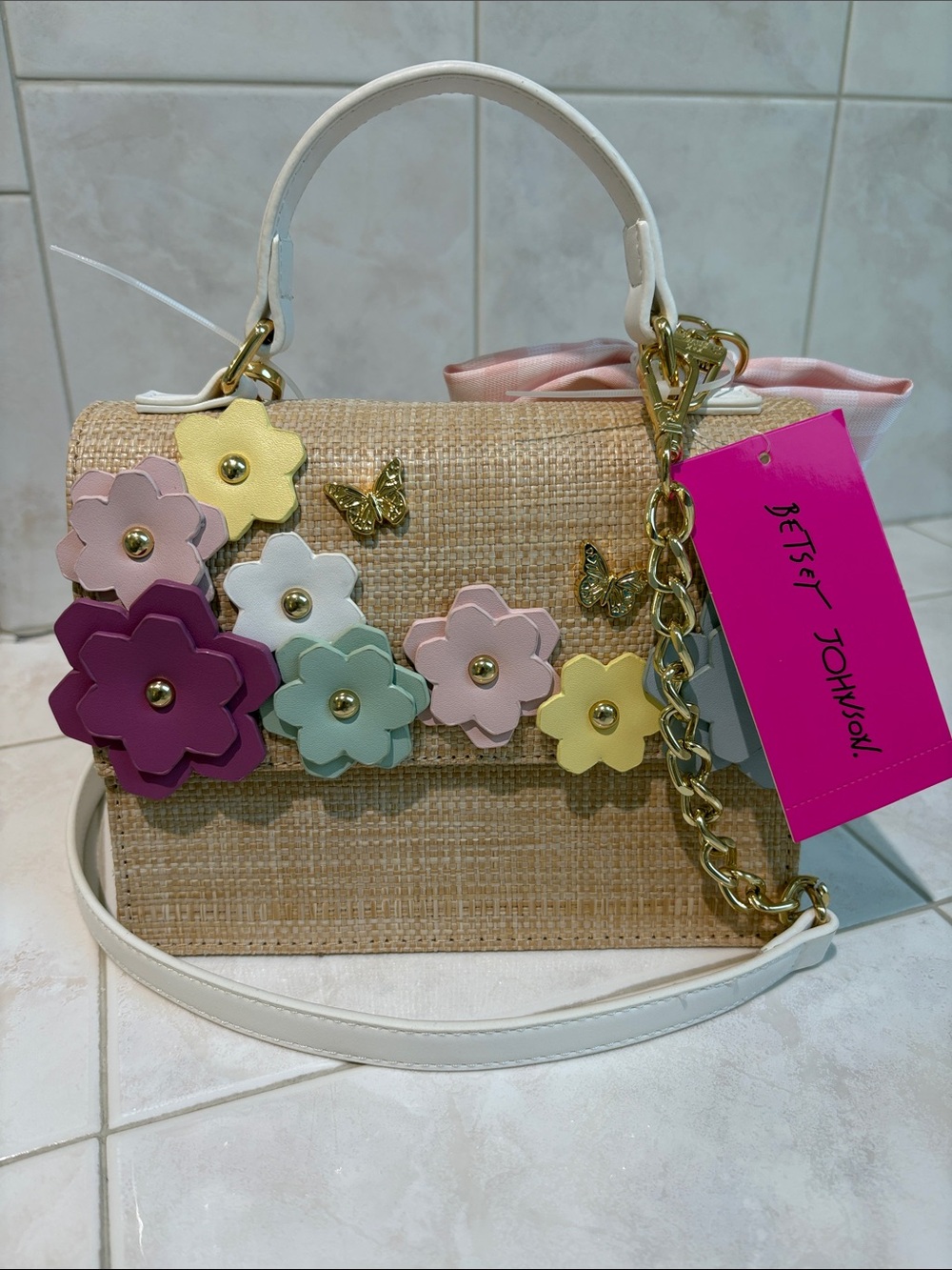 Betsey Johnson Straw Floral Satchel Multicolor Flower Detail & Pink Gingham Bow